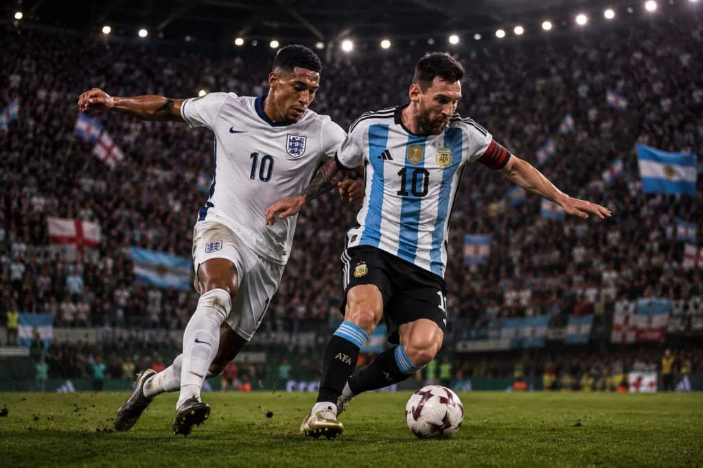 Lionel Messi and an England player compete during the historic England vs Argentina World Cup rivalry.