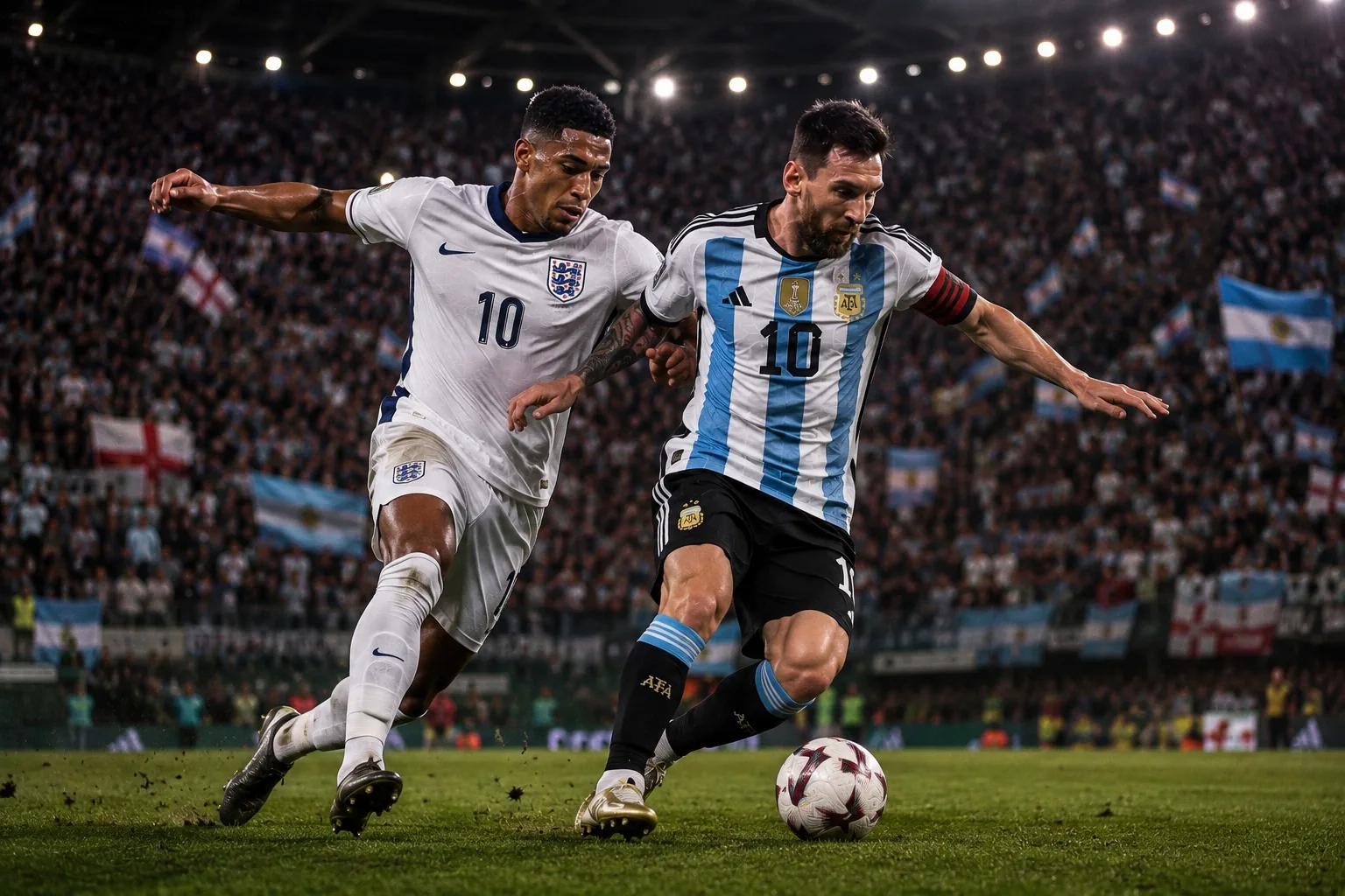 Lionel Messi and an England player compete during the historic England vs Argentina World Cup rivalry.